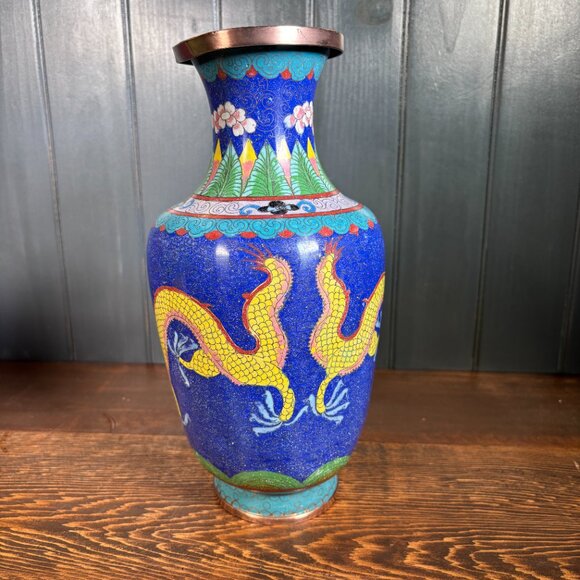 Large Vintage Cloisonne Dragon Vase 10" Copper Enamel Asian Decor Chinese Style - Picture 5 of 17